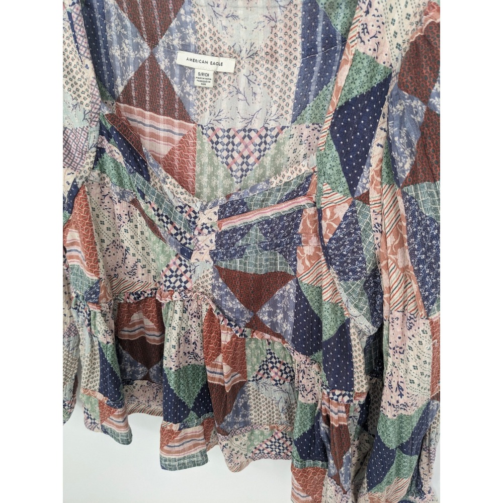 American Eagle Top S Multicolor Patchwork Peasant… - image 2